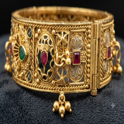DIVYORO ORNATE ANTIQUE GOLD BANGLE WITH MULTICOLOR GEMSTONE ACCENTS