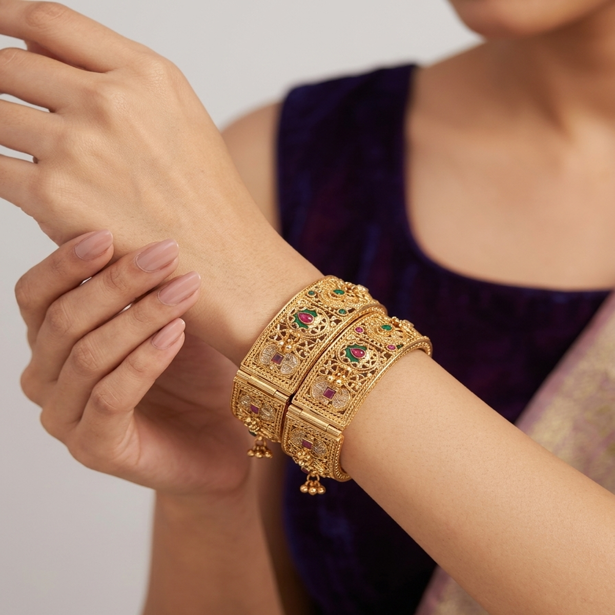 DIVYORO ORNATE ANTIQUE GOLD BANGLE WITH MULTICOLOR GEMSTONE ACCENTS