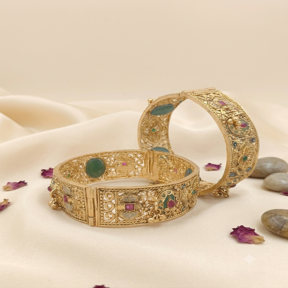 DIVYORO HERITAGE-INSPIRED ANTIQUE GOLD HINGED BANGLE WITH FLORAL MOTIFS
