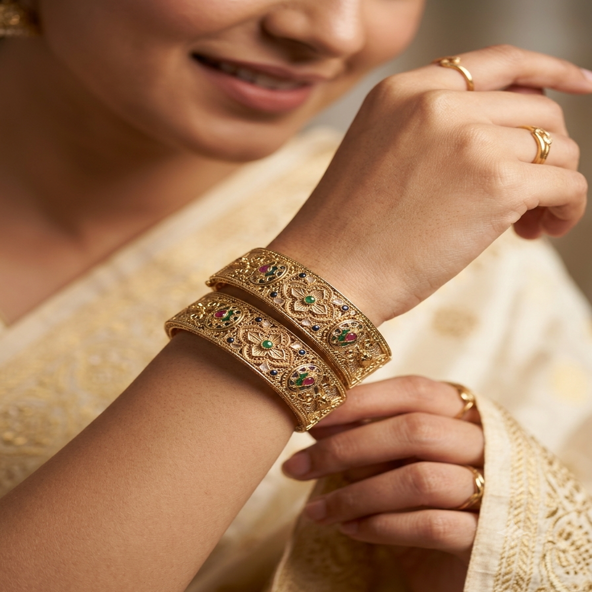 DIVYORO HERITAGE-INSPIRED ANTIQUE GOLD HINGED BANGLE WITH FLORAL MOTIFS