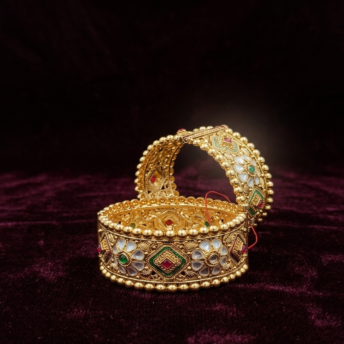DIVYORO TRADITIONAL ANTIQUE GOLD BANGLE SET WITH INTRICATE FILIGREE AND STONE DROPS