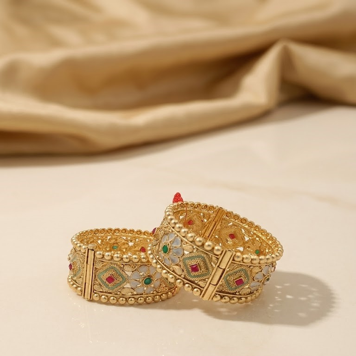 DIVYORO TRADITIONAL ANTIQUE GOLD BANGLE SET WITH INTRICATE FILIGREE AND STONE DROPS