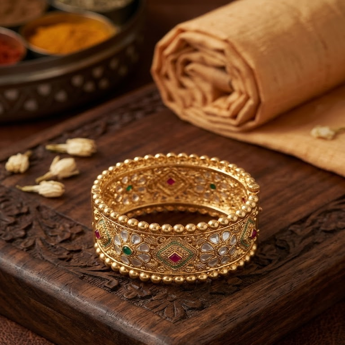 DIVYORO TRADITIONAL ANTIQUE GOLD BANGLE SET WITH INTRICATE FILIGREE AND STONE DROPS