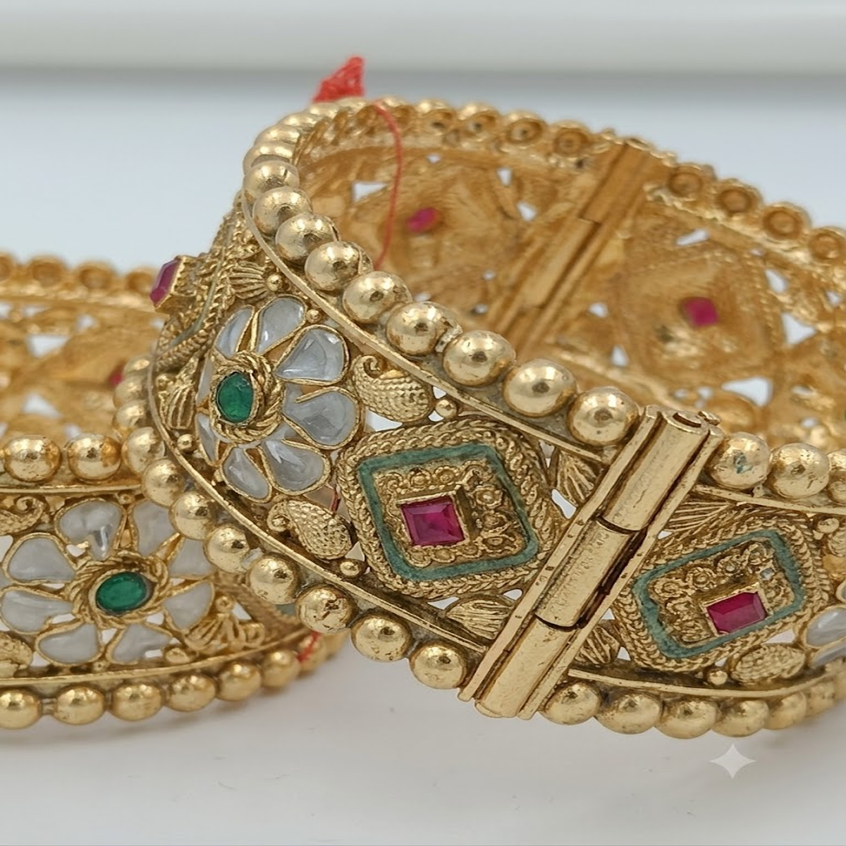 DIVYORO TRADITIONAL ANTIQUE GOLD BANGLE SET WITH INTRICATE FILIGREE AND STONE DROPS