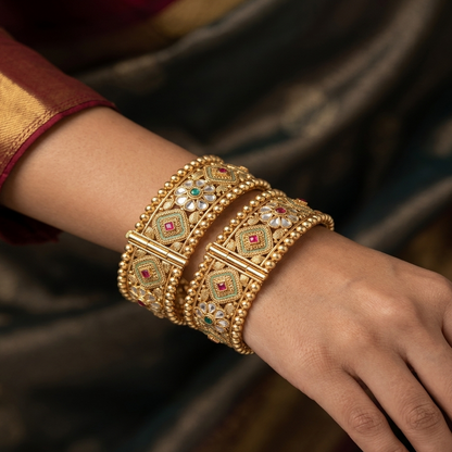 DIVYORO TRADITIONAL ANTIQUE GOLD BANGLE SET WITH INTRICATE FILIGREE AND STONE DROPS