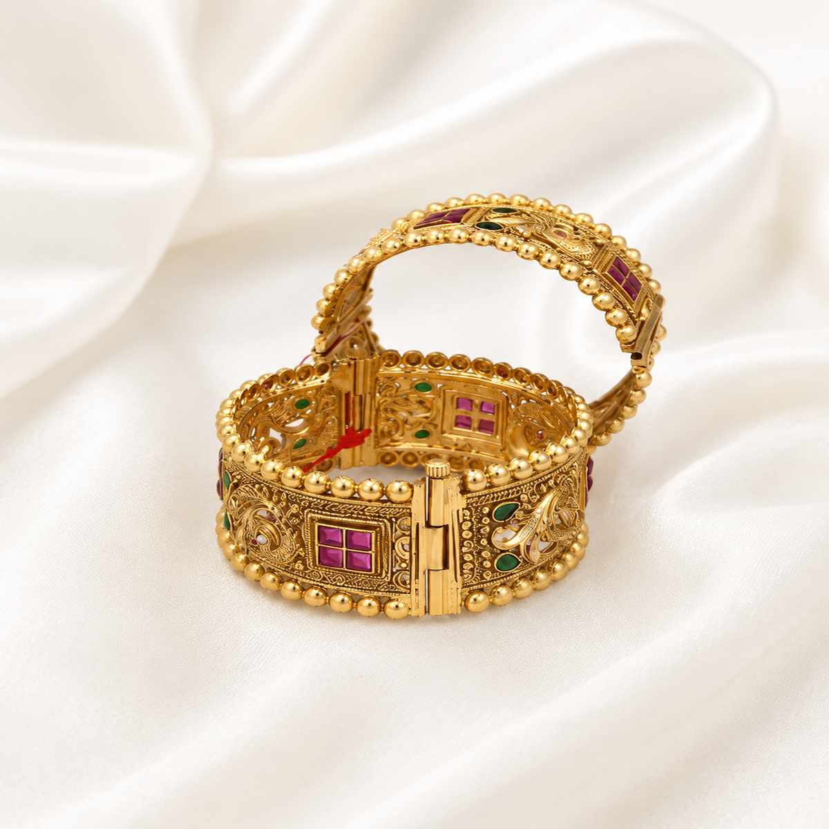 DIVYORO DETAILED ANTIQUE GOLD HINGED BANGLE WITH GEMSTONE AND ENAMEL DETAILING