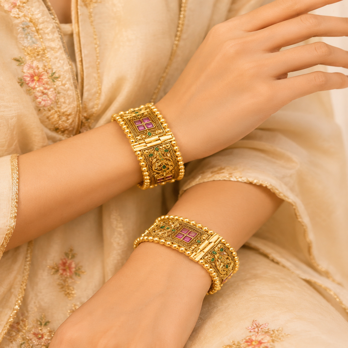 DIVYORO DETAILED ANTIQUE GOLD HINGED BANGLE WITH GEMSTONE AND ENAMEL DETAILING