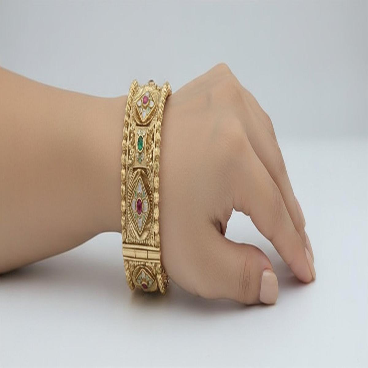 DIVYORO CLASSIC ANTIQUE GOLD BANGLE WITH ELEGANT FLORAL AND GEMSTONE DESIGN
