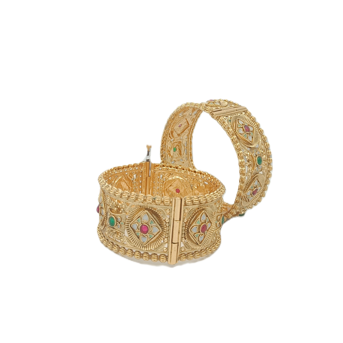 DIVYORO REGAL ANTIQUE GOLD HINGED BANGLE WITH FLORAL AND GEMSTONE ORNAMENTATION