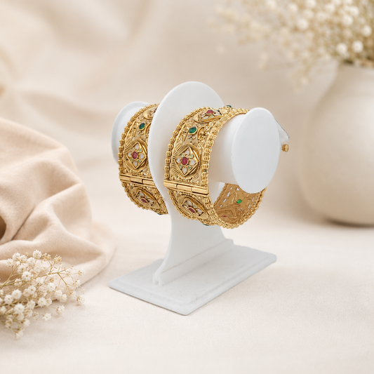 DIVYORO REGAL ANTIQUE GOLD HINGED BANGLE WITH FLORAL AND GEMSTONE ORNAMENTATION
