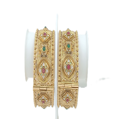 DIVYORO REGAL ANTIQUE GOLD HINGED BANGLE WITH FLORAL AND GEMSTONE ORNAMENTATION