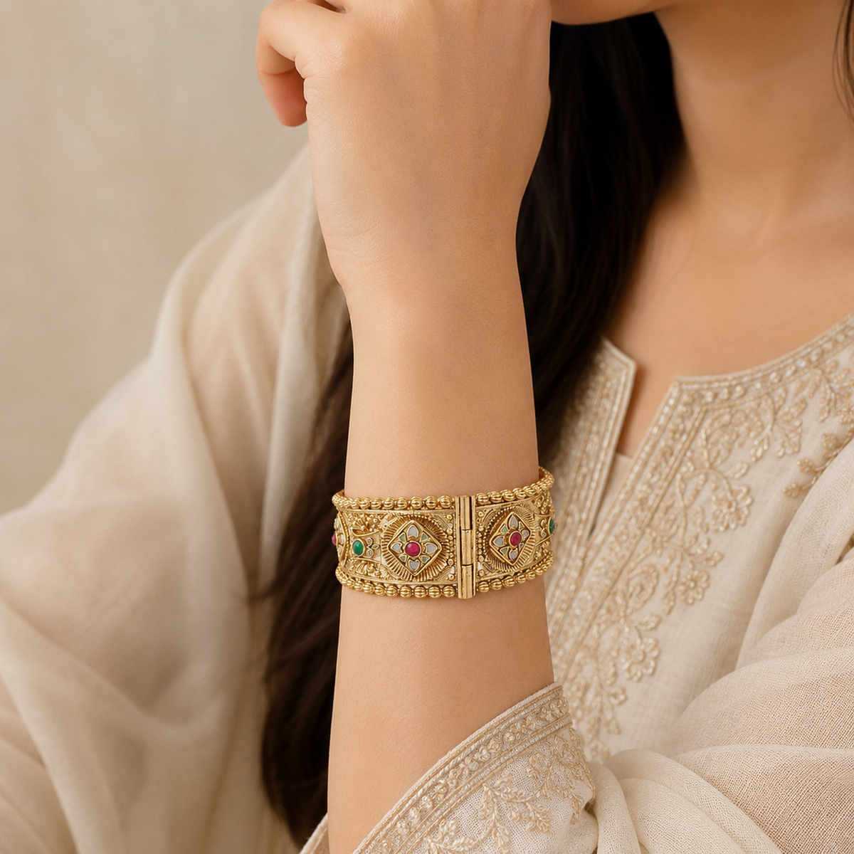 DIVYORO REGAL ANTIQUE GOLD HINGED BANGLE WITH FLORAL AND GEMSTONE ORNAMENTATION