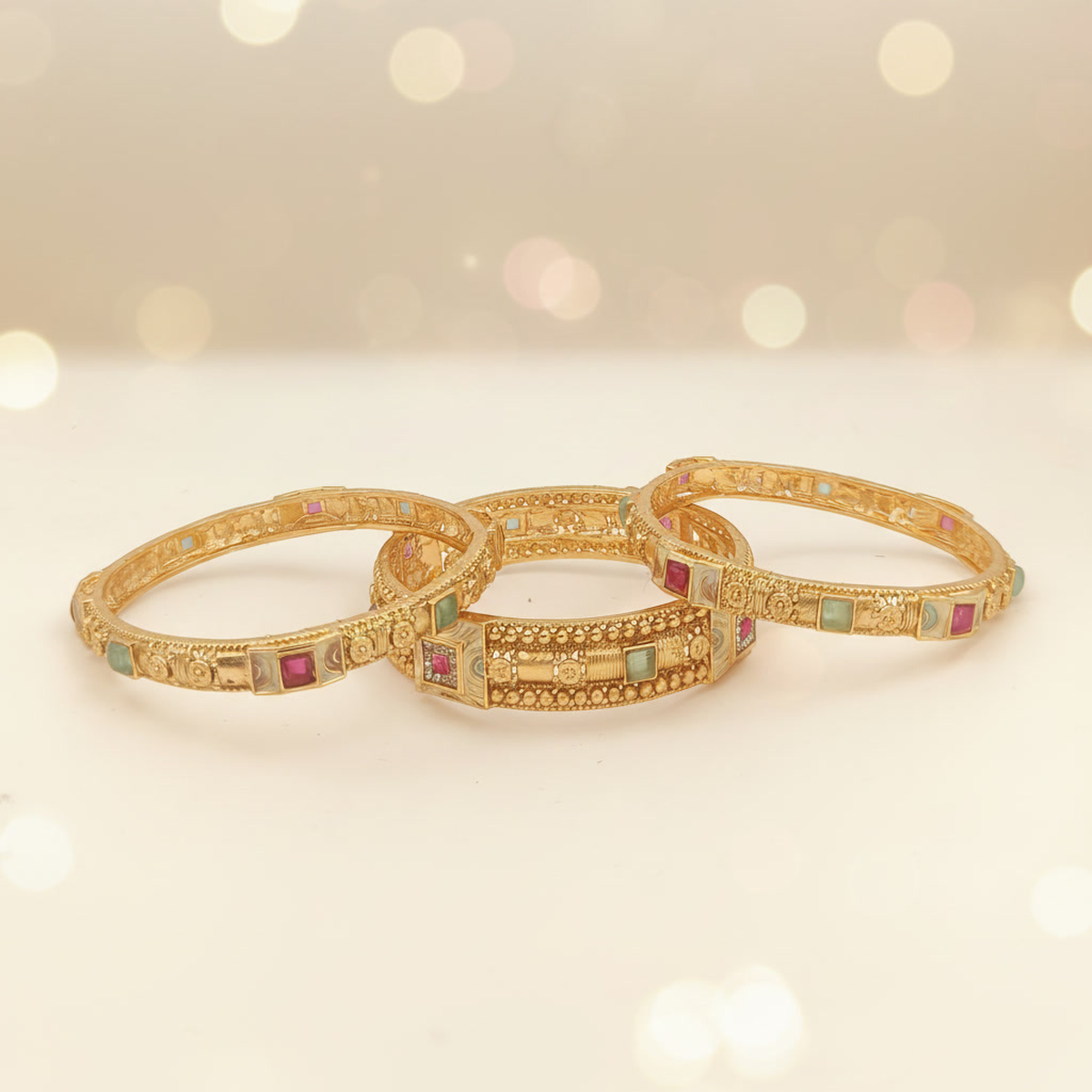 DIVYORO DETAILED ANTIQUE GOLD BANGLE SET WITH MULTI-COLORED STONE SETTINGS
