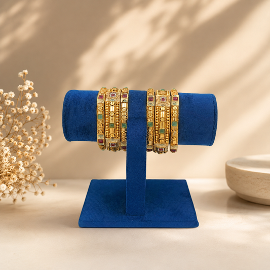 DIVYORO DETAILED ANTIQUE GOLD BANGLE SET WITH MULTI-COLORED STONE SETTINGS