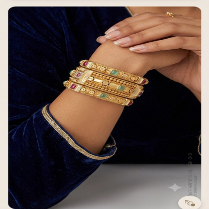DIVYORO DETAILED ANTIQUE GOLD BANGLE SET WITH MULTI-COLORED STONE SETTINGS