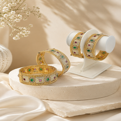 DIVYORO ORNATE ANTIQUE GOLD BANGLE SET WITH GEOMETRIC GEMSTONE AND ENAMEL INLAYS