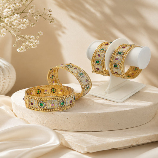 DIVYORO ORNATE ANTIQUE GOLD BANGLE SET WITH GEOMETRIC GEMSTONE AND ENAMEL INLAYS