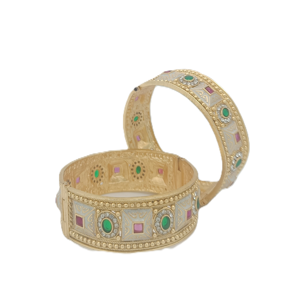 DIVYORO ORNATE ANTIQUE GOLD BANGLE SET WITH GEOMETRIC GEMSTONE AND ENAMEL INLAYS