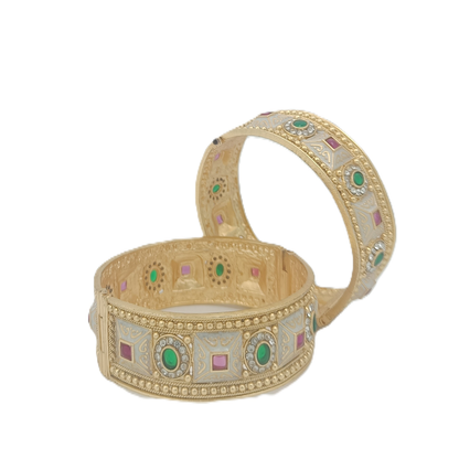 DIVYORO ORNATE ANTIQUE GOLD BANGLE SET WITH GEOMETRIC GEMSTONE AND ENAMEL INLAYS