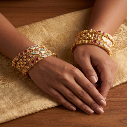 DIVYORO ELABORATE ANTIQUE GOLD BANGLE SET WITH MULTICOLOR ENAMEL AND GEMSTONE ACCENTS