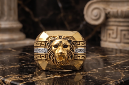DIVYORO THE ROYAL LION GREEK-KEY SIGNET RING