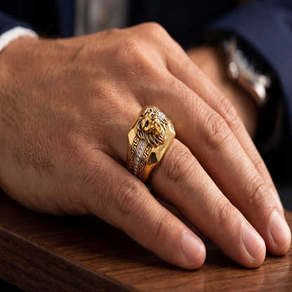 DIVYORO THE ROYAL LION GREEK-KEY SIGNET RING
