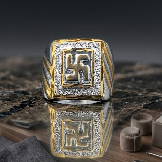 DIVYORO TWO-TONE SQUARE SWASTIKA SIGNET RING