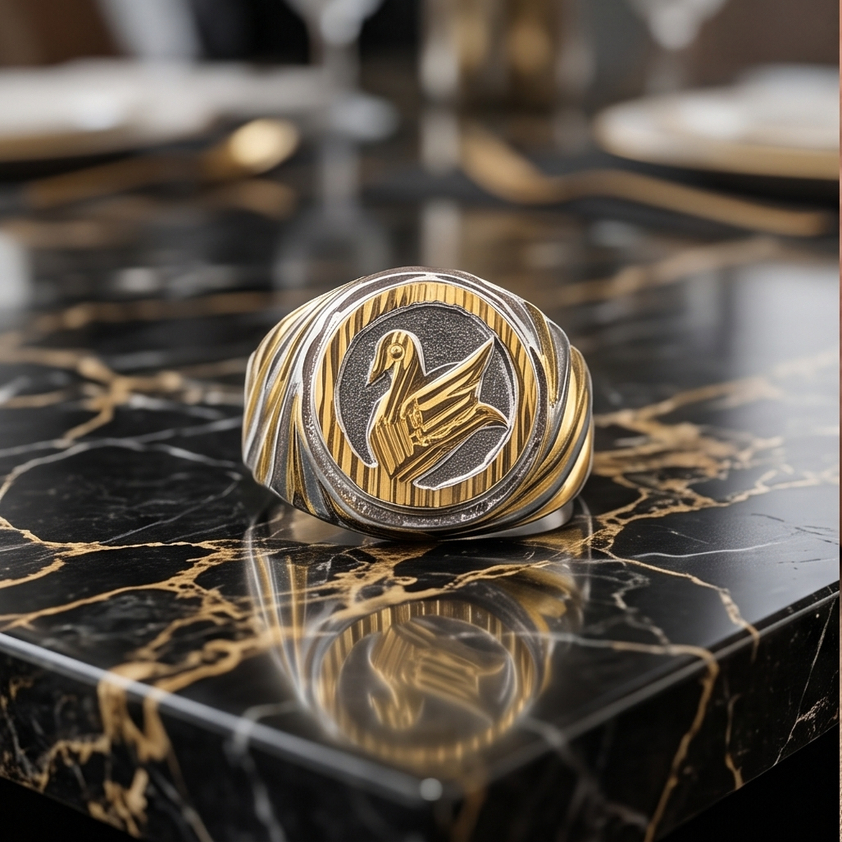 DIVYORO TWO-TONE STYLIZED SWAN RING