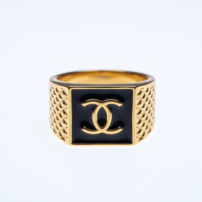 DIVYORO BLACK ENAMEL DOUBLE-C GOLD RING