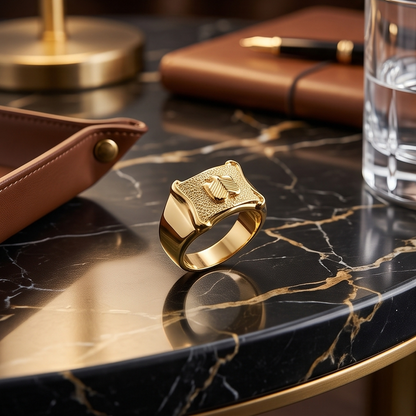 DIVYORO SCROLL-EDGED CREST MOTIF GOLD RING