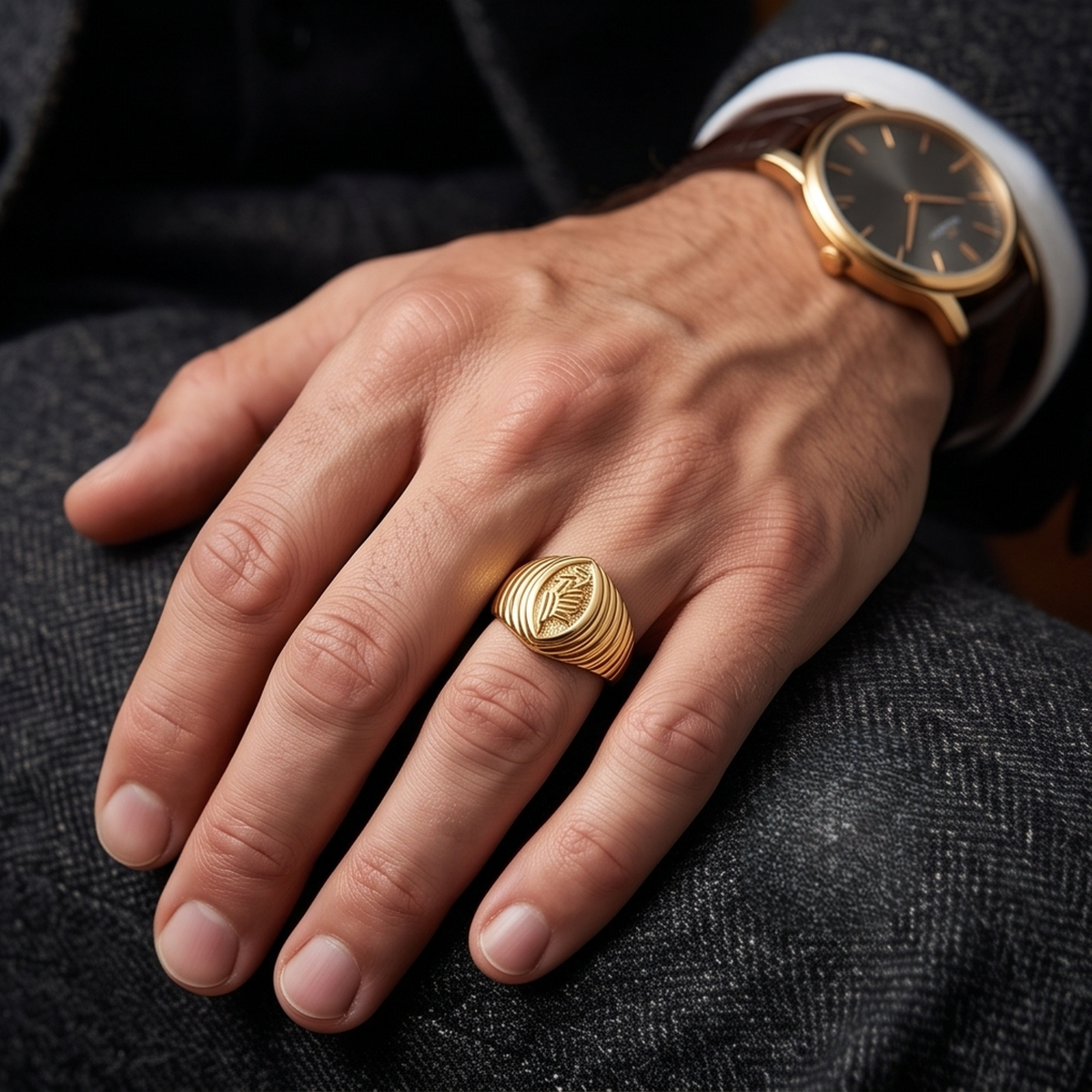 DIVYORO FLUTED EAGLE MOTIF GOLD SIGNET RING