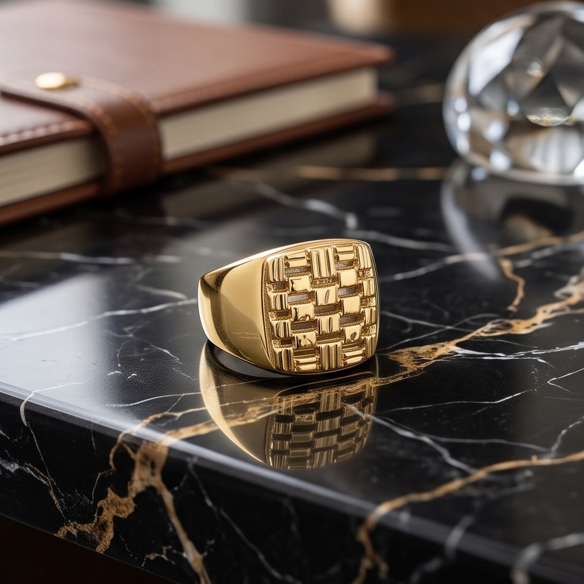DIVYORO BASKET-WEAVE PATTERN GOLD SIGNET RING