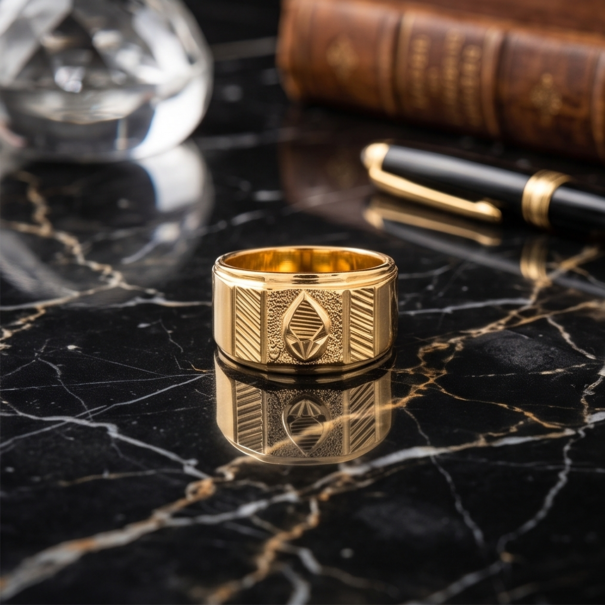 DIVYORO TEXTURED LEAF MOTIF GOLD RING