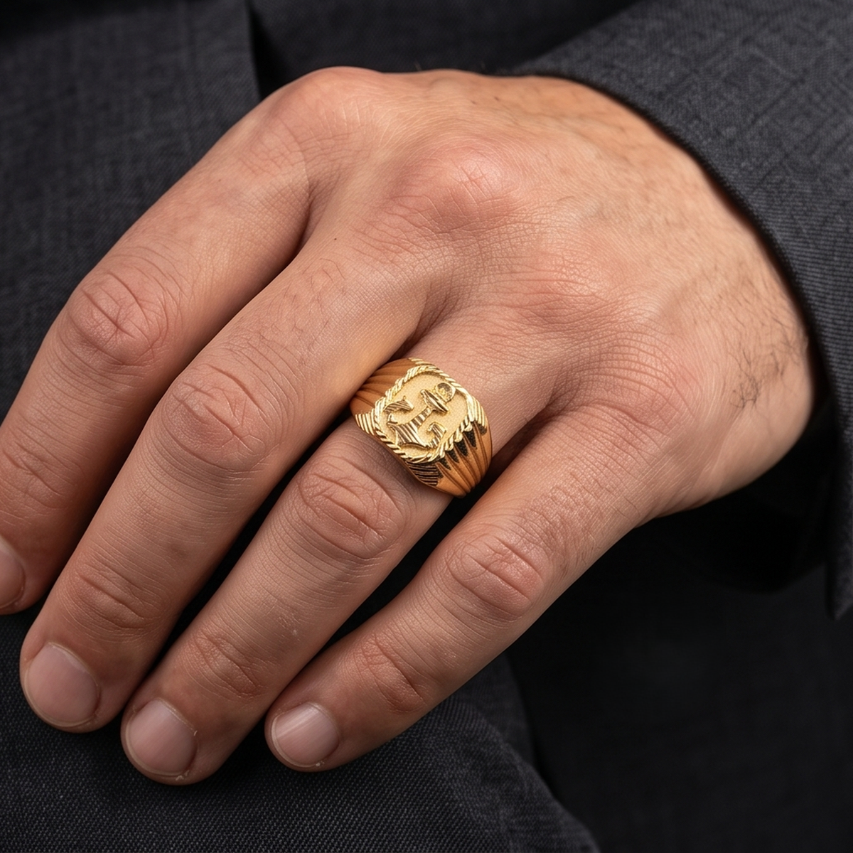 DIVYORO ANCHOR MOTIF GOLD SIGNET RING