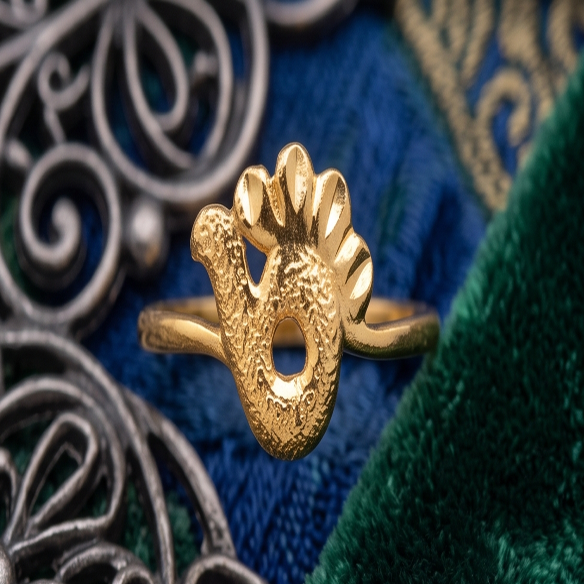 DIVYORO STYLIZED PEACOCK-MOTIF GOLD RING