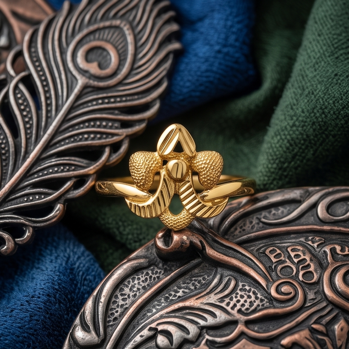 DIVYORO ORNATE FLORAL GOLD STATEMENT RING