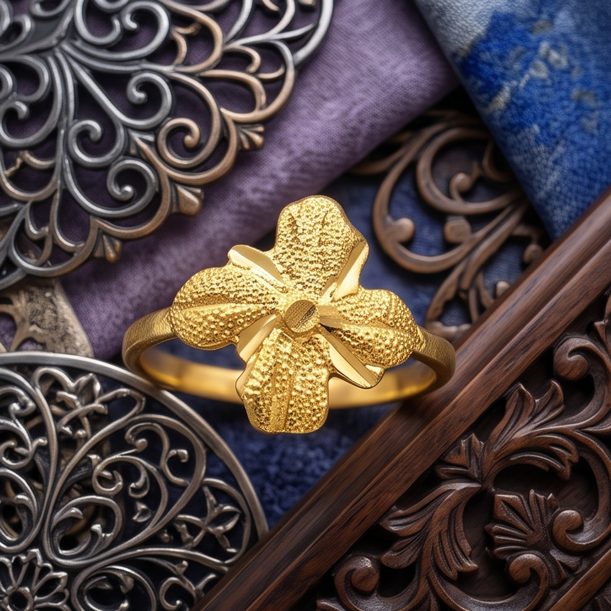 DIVYORO PEACOCK AND FLOWER GOLD RING