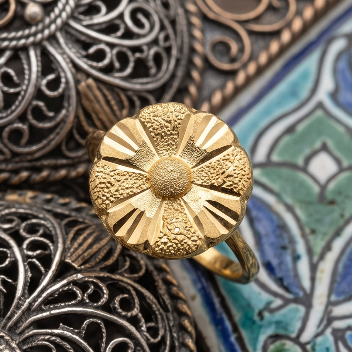 DIVYORO SUNBURST FLORAL GOLD RING
