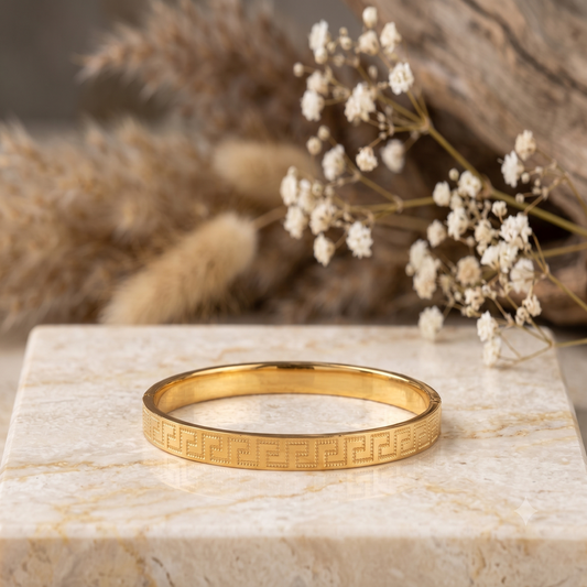 DIVYORO CLASSIC GOLD KADA WITH DETAILED GREEK-KEY INSPIRED ENGRAVING