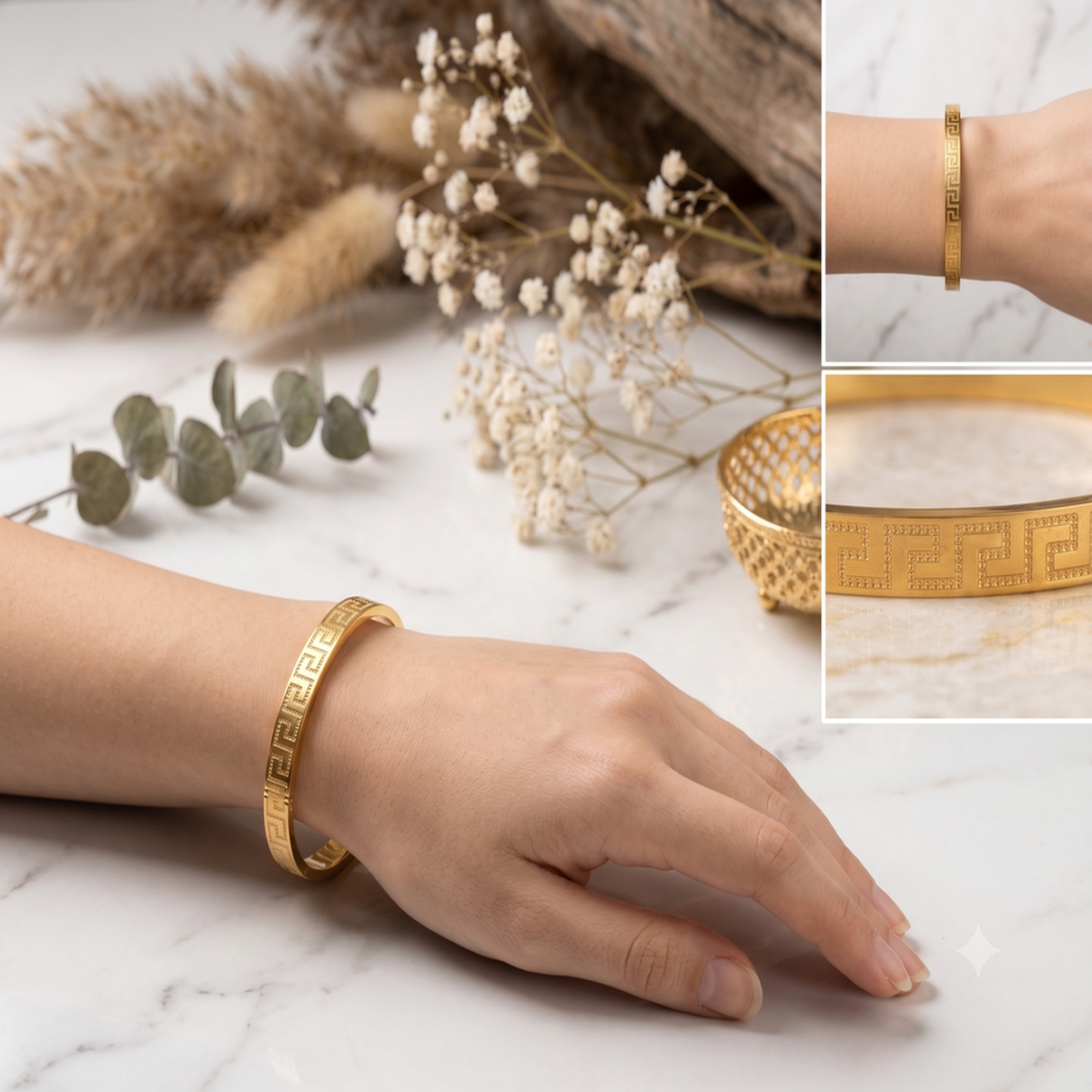 DIVYORO CLASSIC GOLD KADA WITH DETAILED GREEK-KEY INSPIRED ENGRAVING