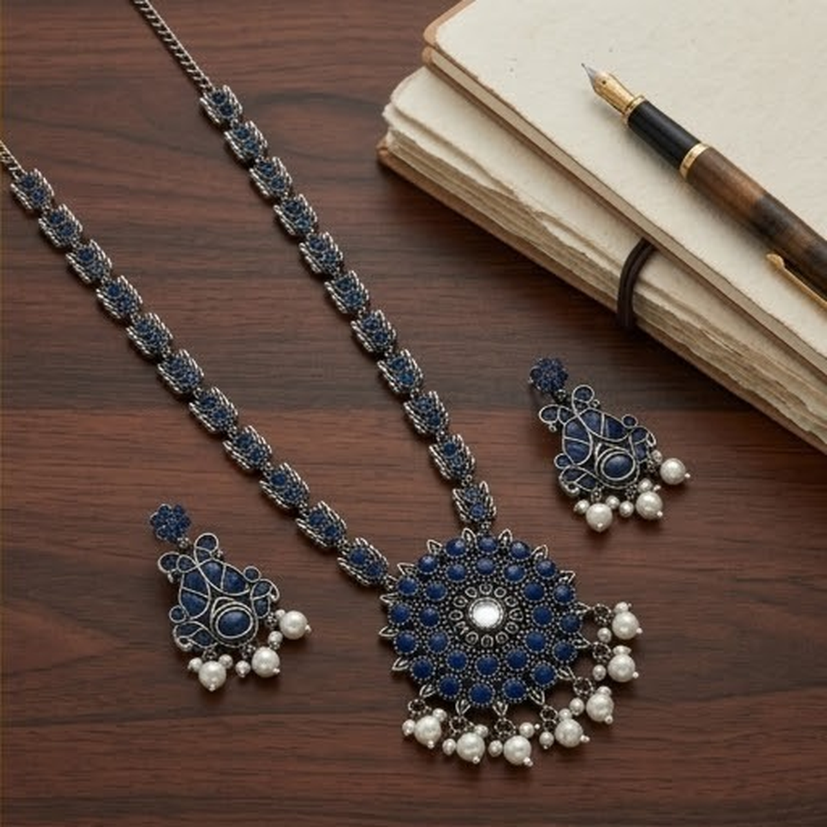 DIVYORO ROYAL BLUE FLORAL MOTIF OXIDIZED SILVER NECKLACE AND EARRING SET