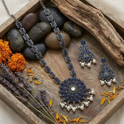 DIVYORO ROYAL BLUE FLORAL MOTIF OXIDIZED SILVER NECKLACE AND EARRING SET