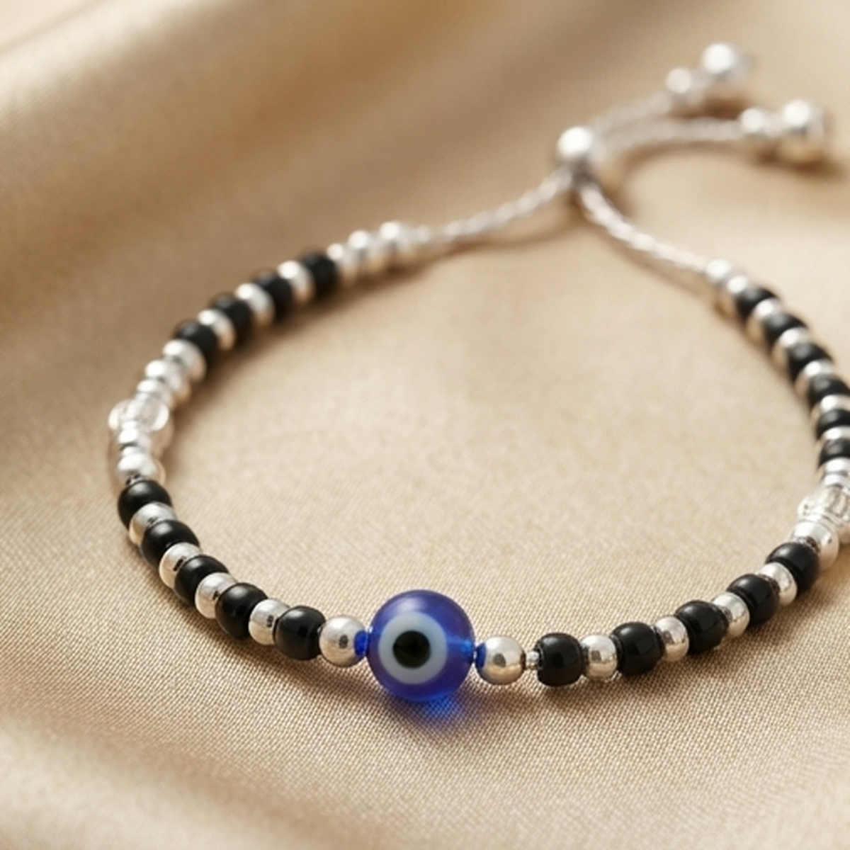 DIVYORO EVIL EYE SILVER BLACK BEADED ANKLET