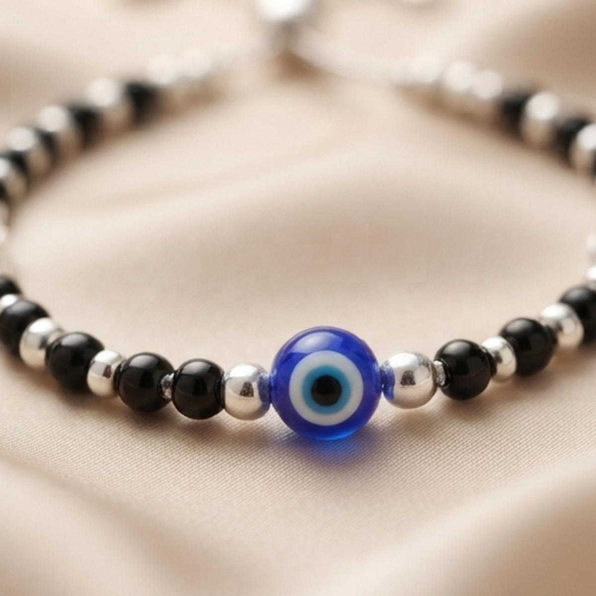 DIVYORO EVIL EYE SILVER BLACK BEADED ANKLET