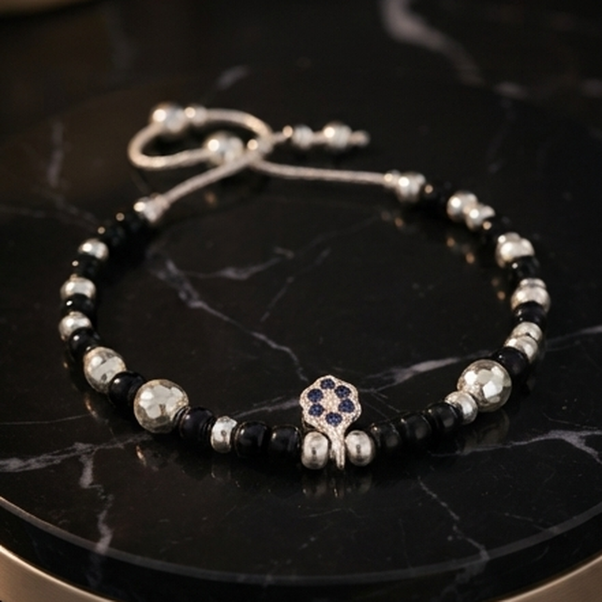 DIVYORO SILVER BLACK BEADED EVIL EYE NAZARBATTU ANKLET