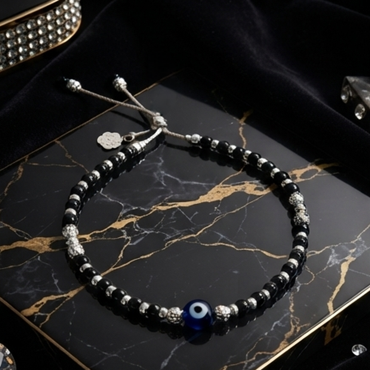 DIVYORO SILVER NAZAR BLACK BEAD ANKLET