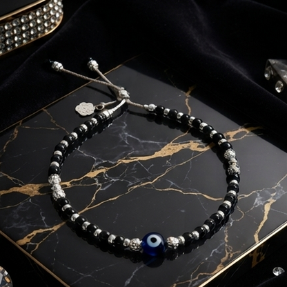 DIVYORO SILVER NAZAR BLACK BEAD ANKLET