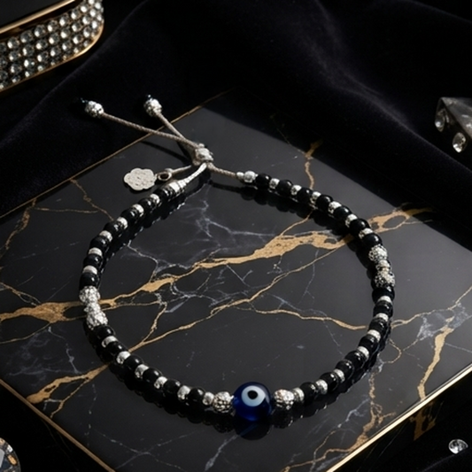 DIVYORO SILVER NAZAR BLACK BEAD ANKLET