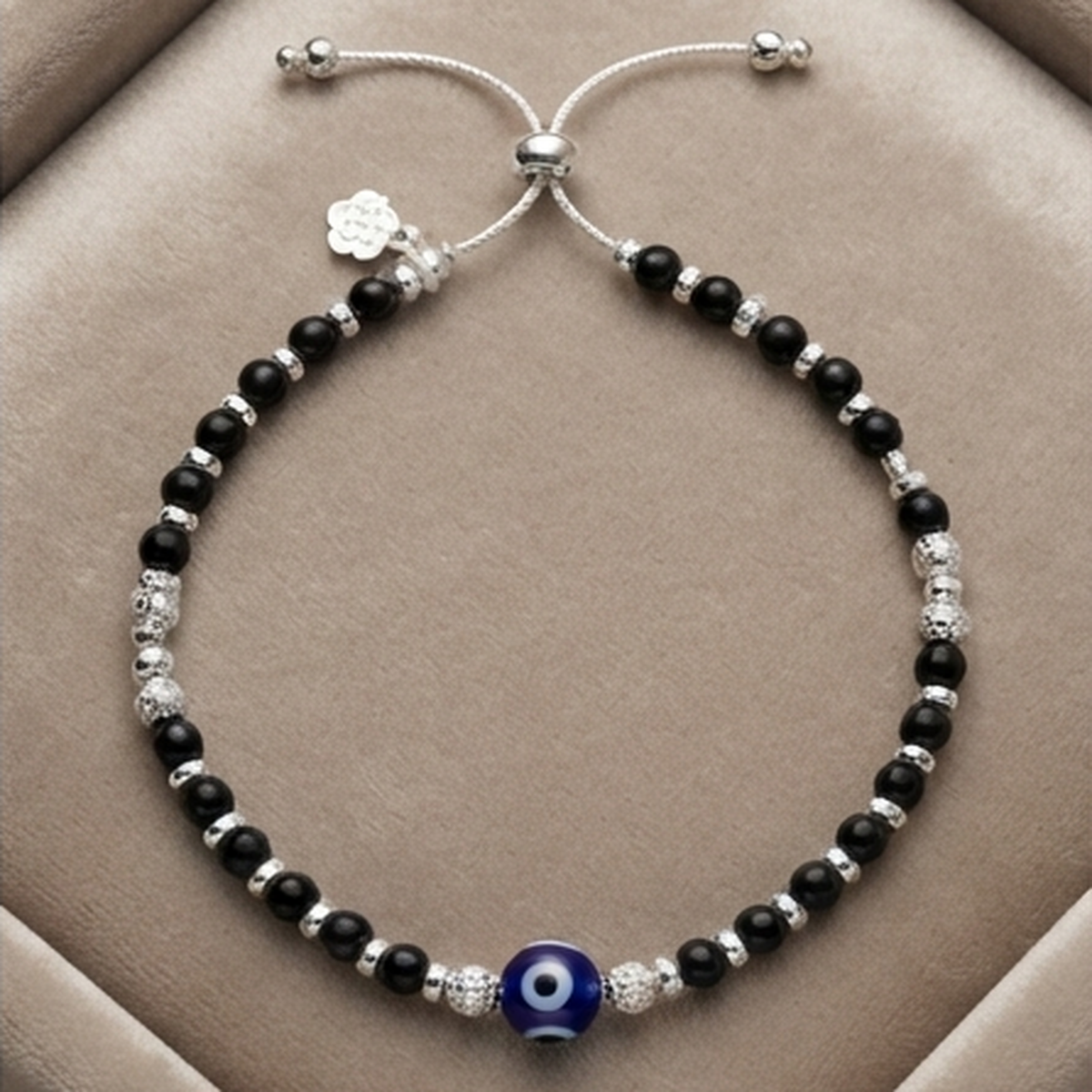 DIVYORO SILVER NAZAR BLACK BEAD ANKLET
