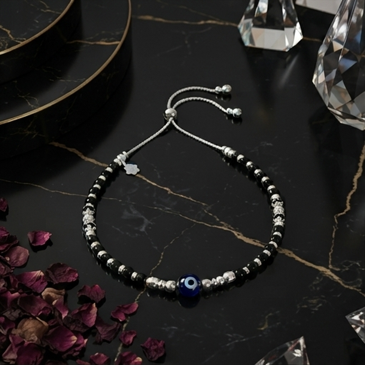 DIVYORO SILVER AND BLACK BEADED PROTECTION ANKLET